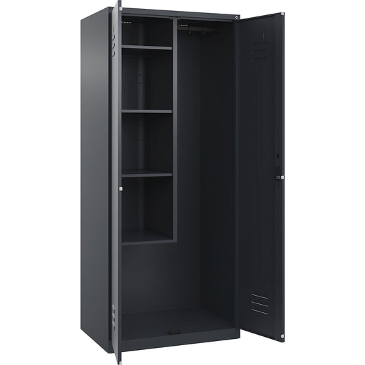 Classic PLUS locker for cleaning products, 1 compartment, centre partition, short model, grey, W 800 mm, with floor glides, cylinder lock.