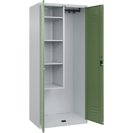 Classic PLUS locker for cleaning products, 1 compartment, centre partition, short model, light grey/reseda green, W 800 mm, with floor glides, cylinder lock.