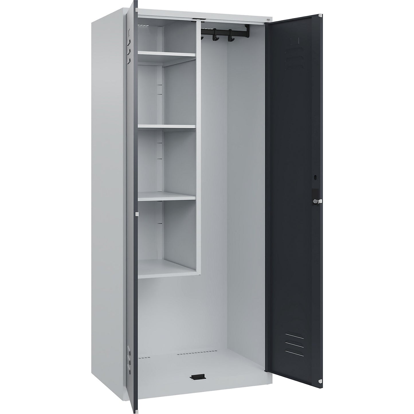 Classic PLUS locker for cleaning products, 1 compartment, centre partition, short model, light grey/grey, W 800 mm, with floor glides, cylinder lock.