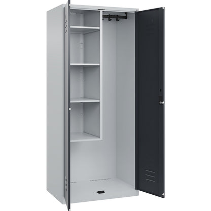 Classic PLUS locker for cleaning products, 1 compartment, centre partition, short model, light grey/grey, W 800 mm, with floor glides, cylinder lock.