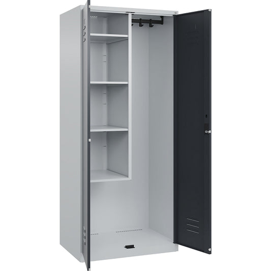 Classic PLUS locker for cleaning products, 1 compartment, centre partition, short model, light grey/grey, W 800 mm, with floor glides, cylinder lock.