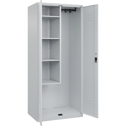 Classic PLUS locker for cleaning products, 1 compartment, centre partition, short model, light grey, W 800 mm, with floor glides, cylinder lock.