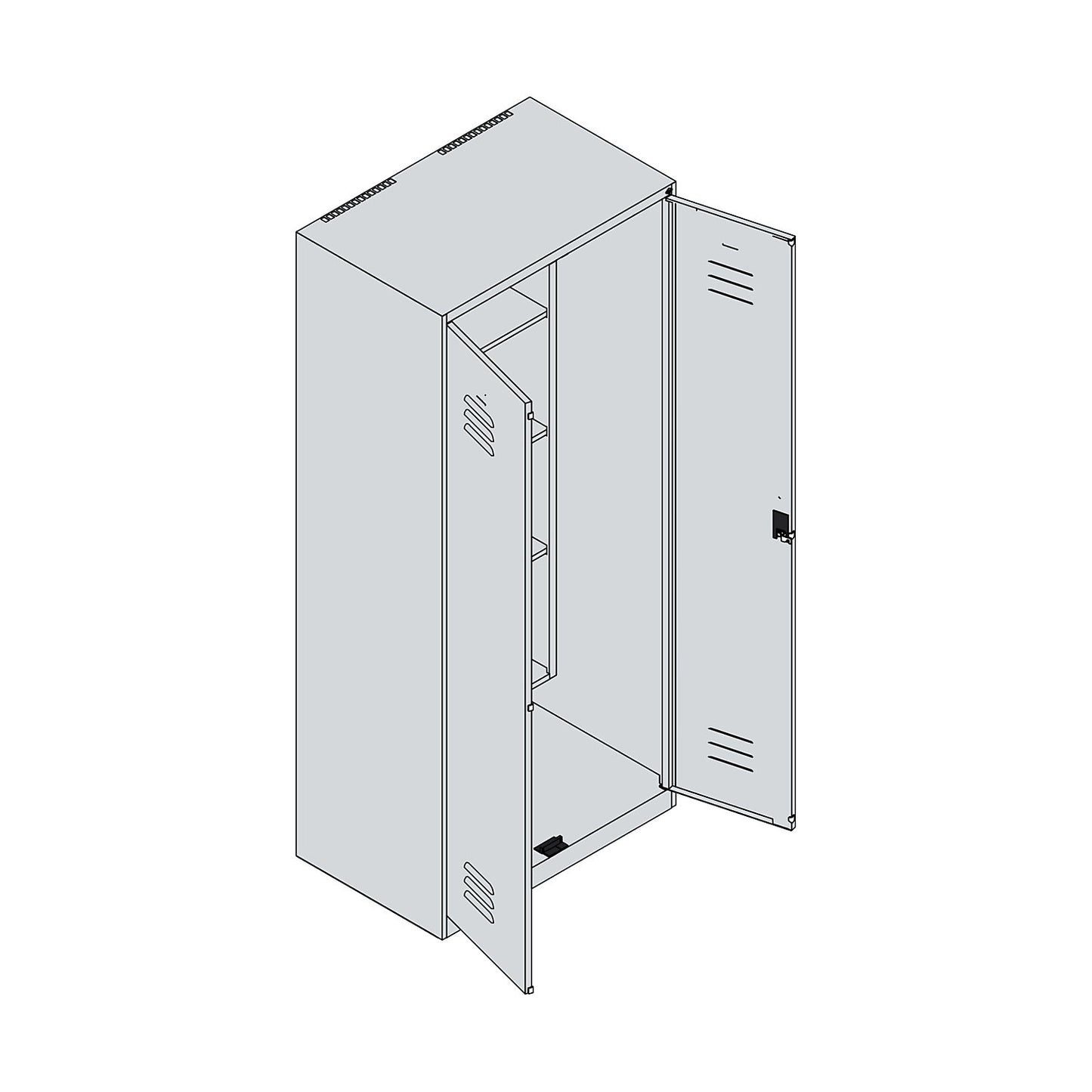 Classic PLUS locker for cleaning products, 1 compartment, centre partition, short model, light grey/gentian blue, W 800 mm, with floor glides, rotary bolt.