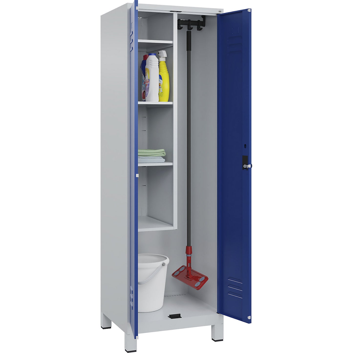 Classic PLUS locker for cleaning products, 1 compartment, centre partition, short model, light grey/gentian blue, W 600 mm, with feet, rotary bolt.