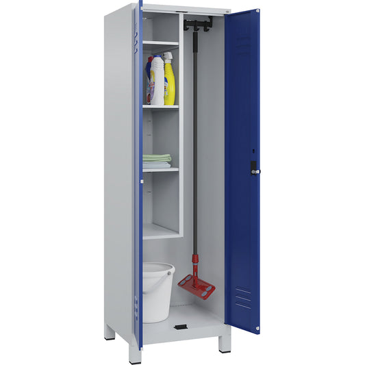 Classic PLUS locker for cleaning products, 1 compartment, centre partition, short model, light grey/gentian blue, W 600 mm, with feet, rotary bolt.