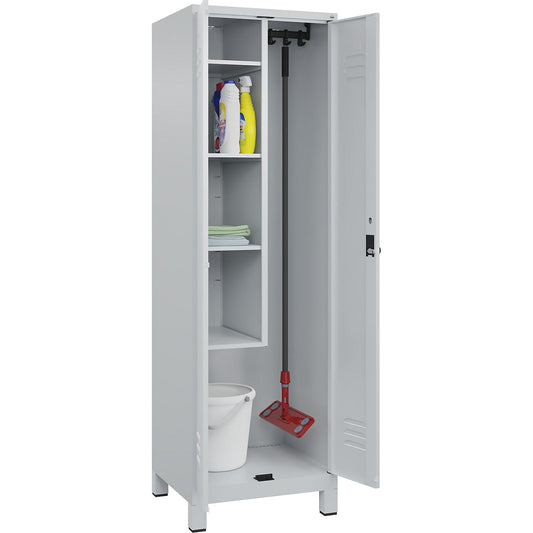 Classic PLUS locker for cleaning products, 1 compartment, centre partition, short model, light grey, W 600 mm, with feet, rotary bolt.