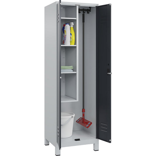 Classic PLUS locker for cleaning products, 1 compartment, centre partition, short model, light grey/grey, W 600 mm, with feet, rotary bolt.