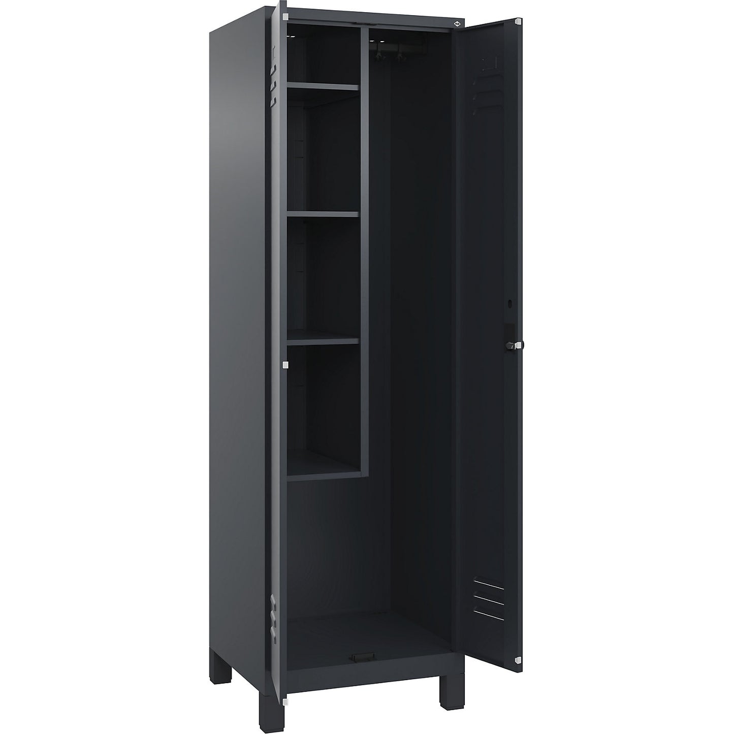 Classic PLUS locker for cleaning products, 1 compartment, centre partition, short model, grey, W 600 mm, with feet, rotary bolt.