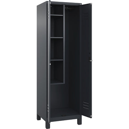 Classic PLUS locker for cleaning products, 1 compartment, centre partition, short model, grey, W 600 mm, with feet, rotary bolt.