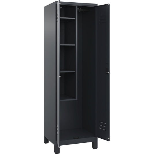 Classic PLUS locker for cleaning products, 1 compartment, centre partition, short model, grey, W 600 mm, with feet, rotary bolt.