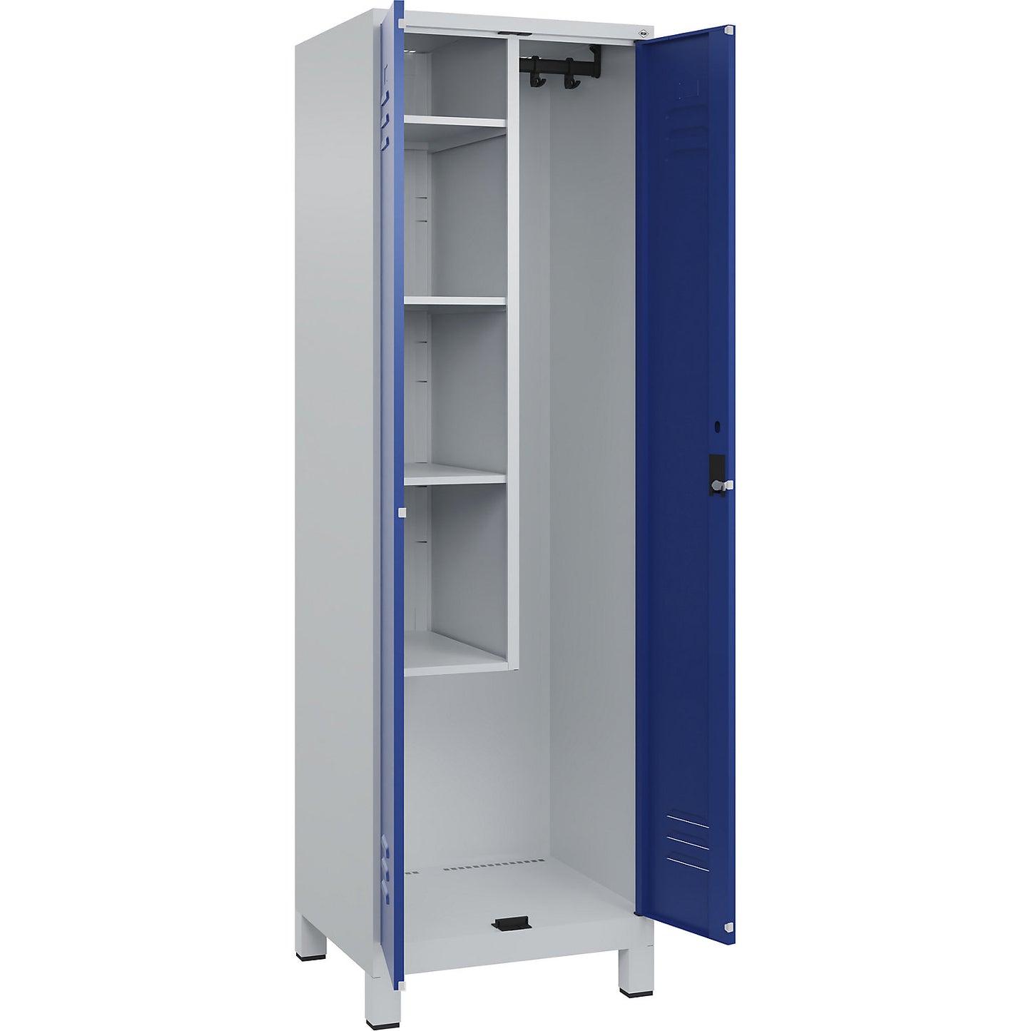 Classic PLUS locker for cleaning products, 1 compartment, centre partition, short model, light grey/gentian blue, W 600 mm, with feet, cylinder lock.