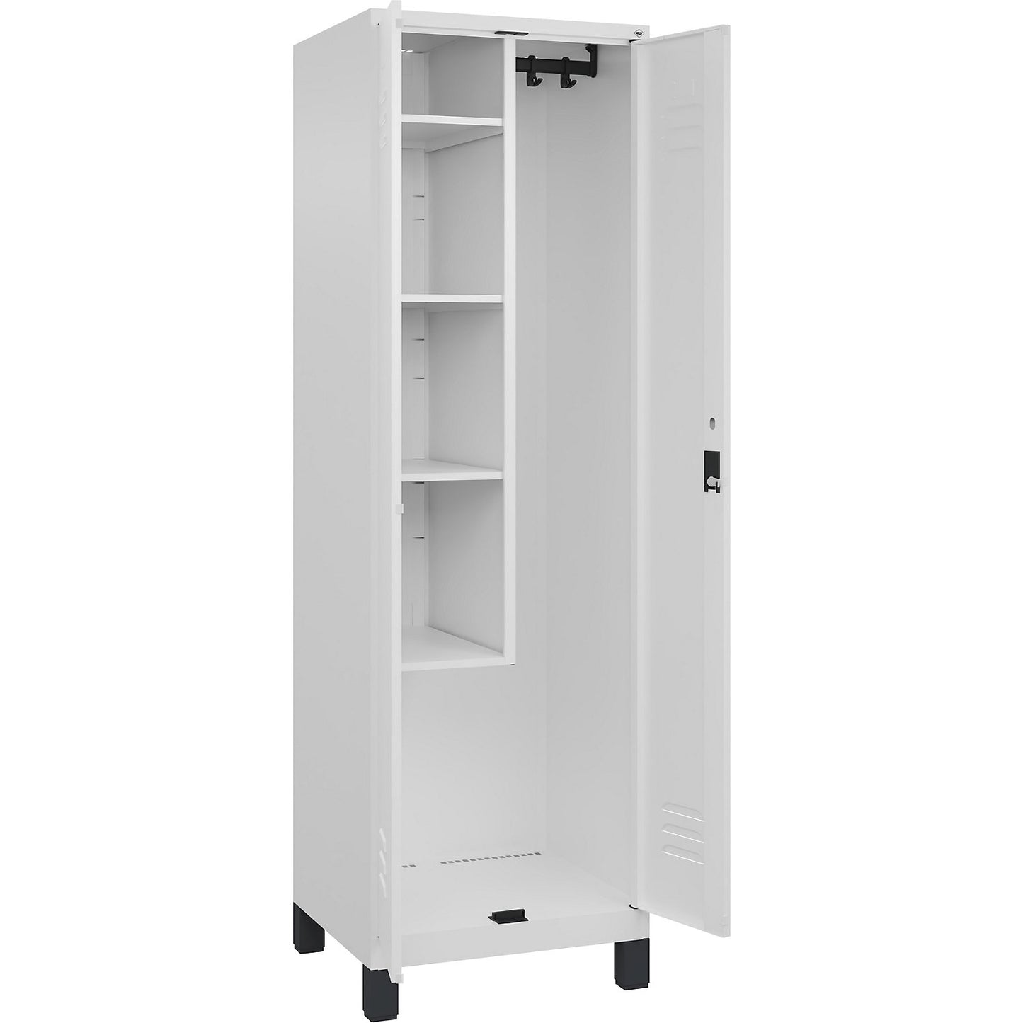 Classic PLUS locker for cleaning products, 1 compartment, centre partition, short model, traffic white, W 600 mm, with feet, cylinder lock.