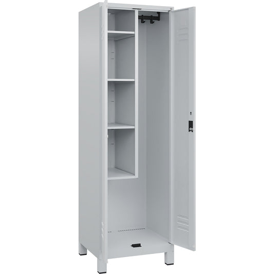Classic PLUS locker for cleaning products, 1 compartment, centre partition, short model, light grey, W 600 mm, with feet, cylinder lock.