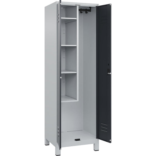 Classic PLUS locker for cleaning products, 1 compartment, centre partition, short model, light grey/grey, W 600 mm, with feet, cylinder lock.