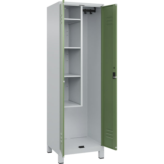 Classic PLUS locker for cleaning products, 1 compartment, centre partition, short model, light grey/reseda green, W 600 mm, with feet, cylinder lock.