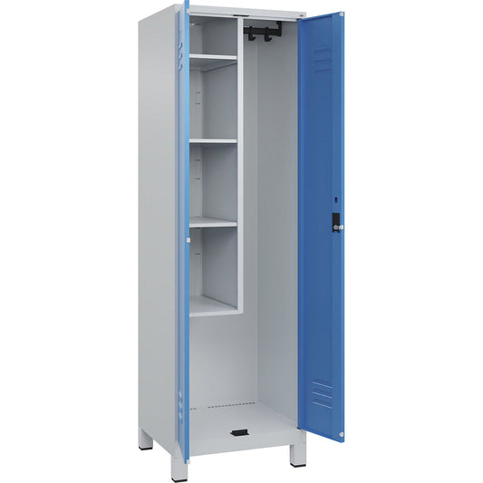Classic PLUS locker for cleaning products, 1 compartment, centre partition, short model, light grey/light blue, W 600 mm, with feet, cylinder lock.