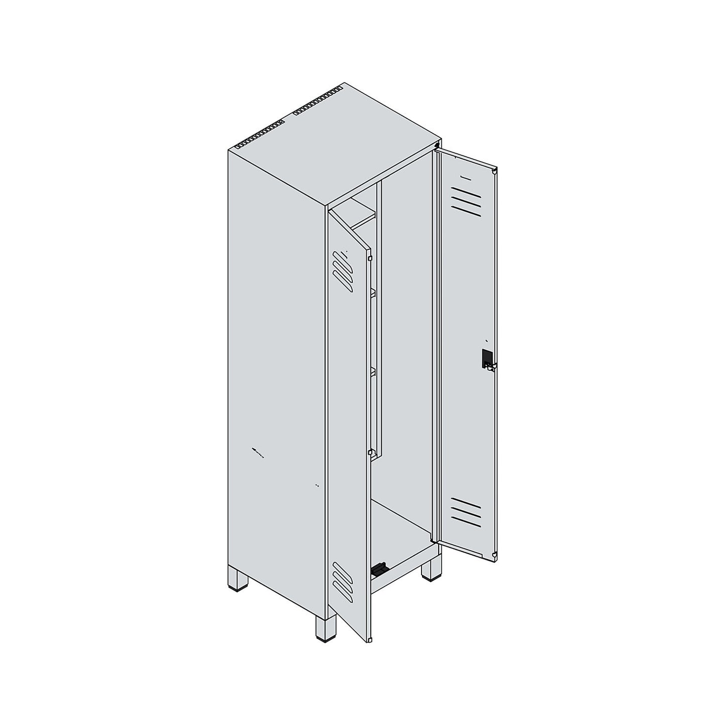 Classic PLUS locker for cleaning products, 1 compartment, centre partition, short model, light grey/gentian blue, W 600 mm, with feet, rotary bolt.