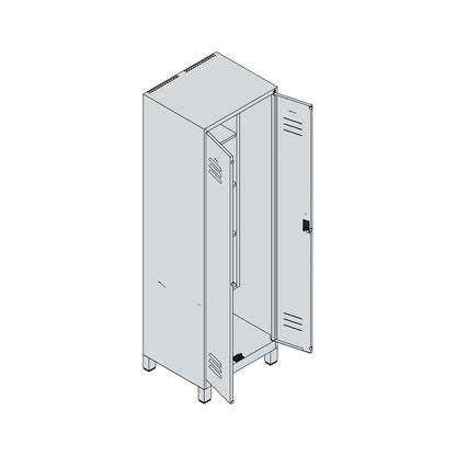 Classic PLUS locker for cleaning products, 1 compartment, centre partition, short model, light grey/gentian blue, W 600 mm, with feet, rotary bolt.