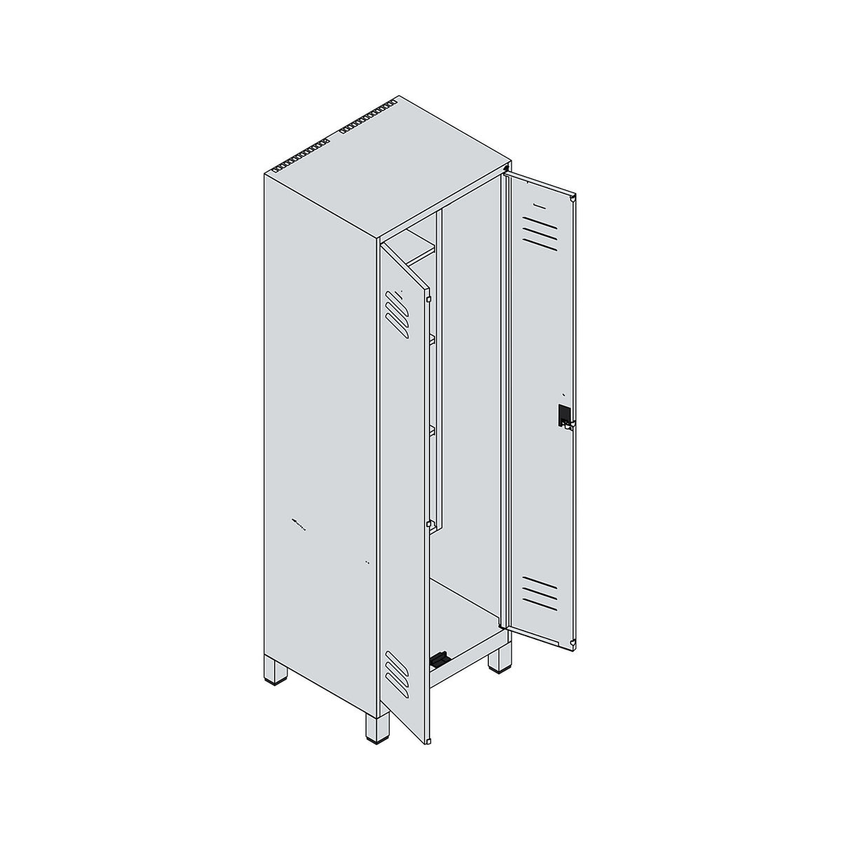Classic PLUS locker for cleaning products, 1 compartment, centre partition, short model, light grey/grey, W 600 mm, with feet, rotary bolt.