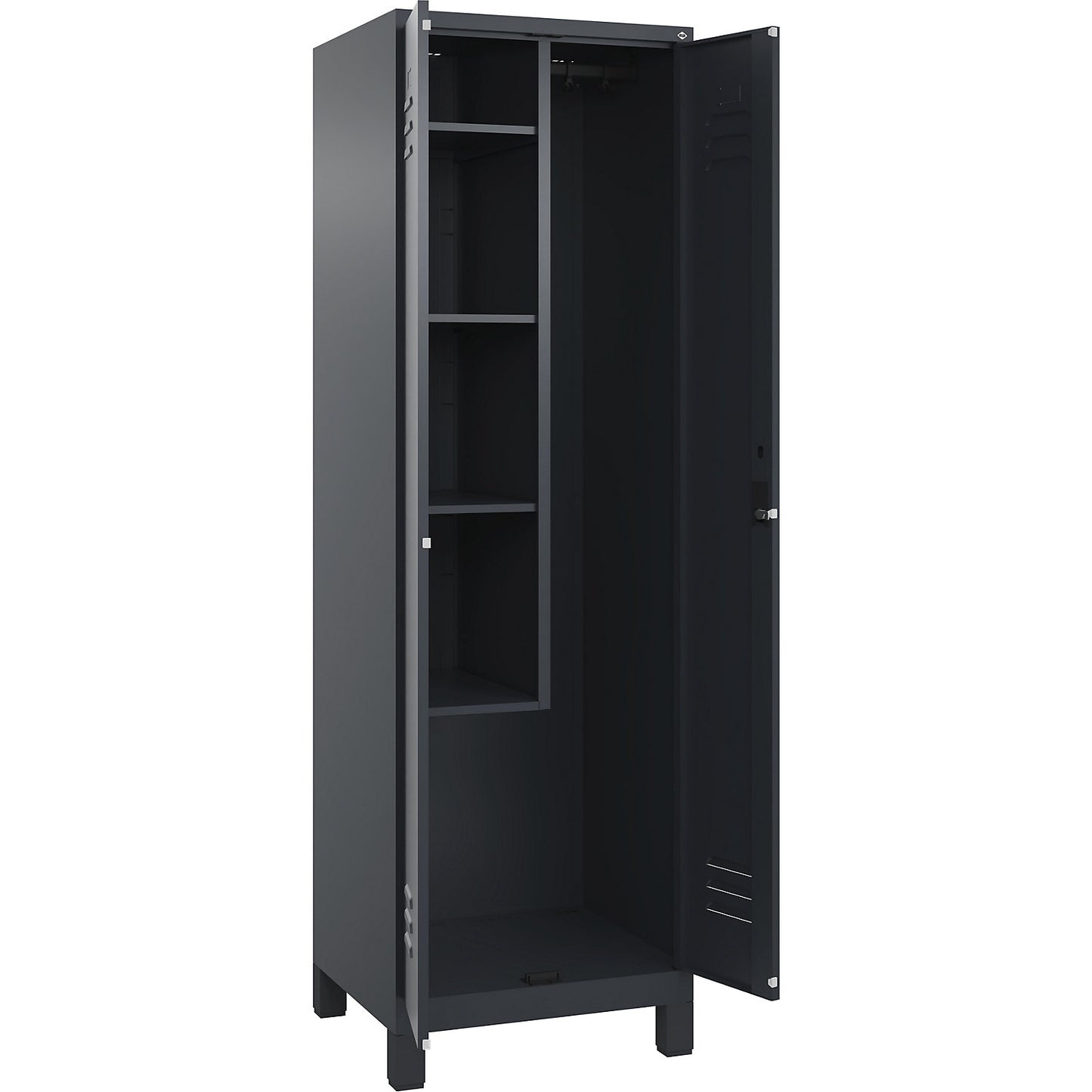 Classic PLUS locker for cleaning products, 1 compartment, centre partition, short model, grey, W 600 mm, with feet, cylinder lock.