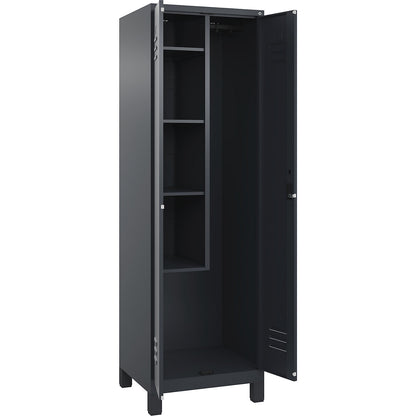 Classic PLUS locker for cleaning products, 1 compartment, centre partition, short model, grey, W 600 mm, with feet, cylinder lock.