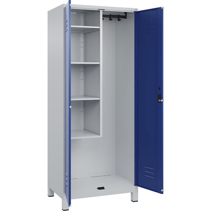 Classic PLUS locker for cleaning products, 1 compartment, centre partition, short model, light grey/gentian blue, W 800 mm, with feet, rotary bolt.