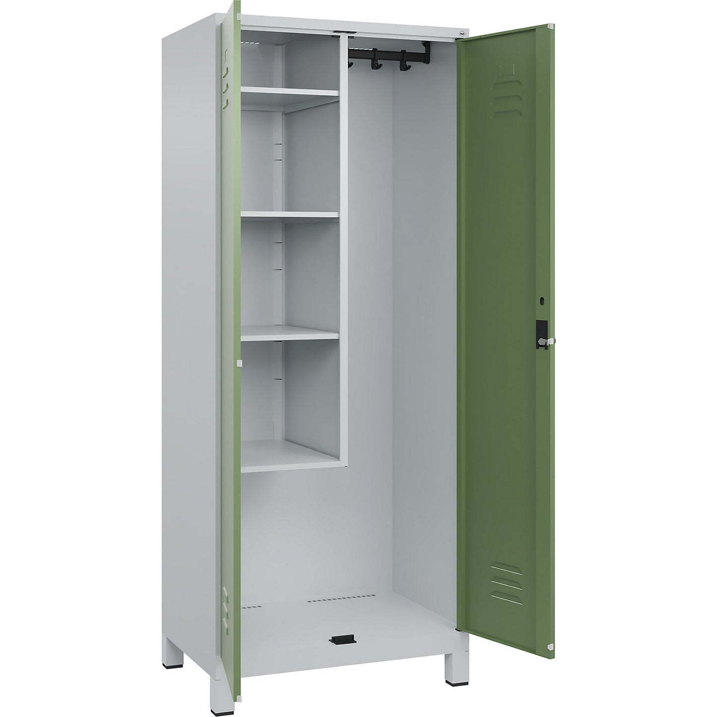 Classic PLUS locker for cleaning products, 1 compartment, centre partition, short model, light grey/reseda green, W 800 mm, with feet, rotary bolt.