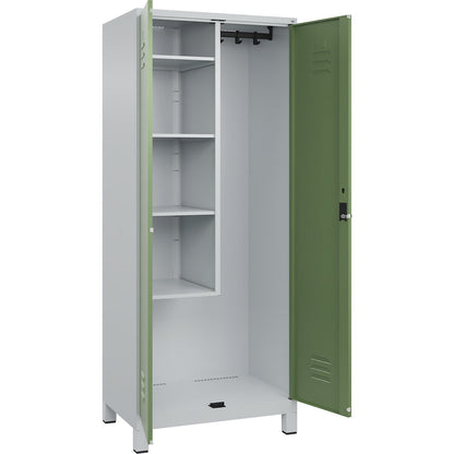Classic PLUS locker for cleaning products, 1 compartment, centre partition, short model, light grey/reseda green, W 800 mm, with feet, rotary bolt.