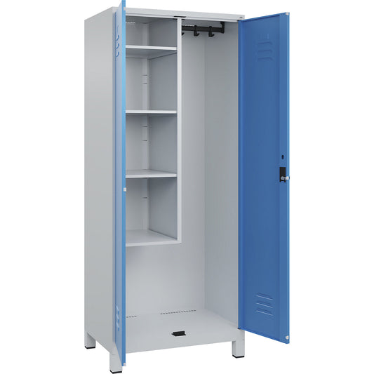 Classic PLUS locker for cleaning products, 1 compartment, centre partition, short model, light grey/light blue, W 800 mm, with feet, rotary bolt.