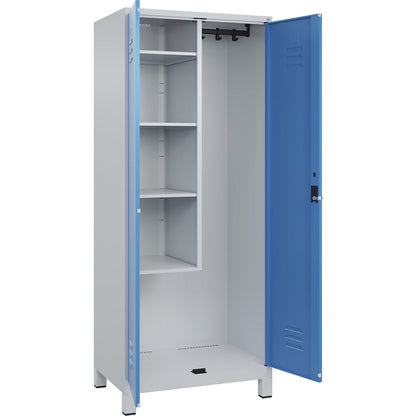 Classic PLUS locker for cleaning products, 1 compartment, centre partition, short model, light grey/light blue, W 800 mm, with feet, rotary bolt.