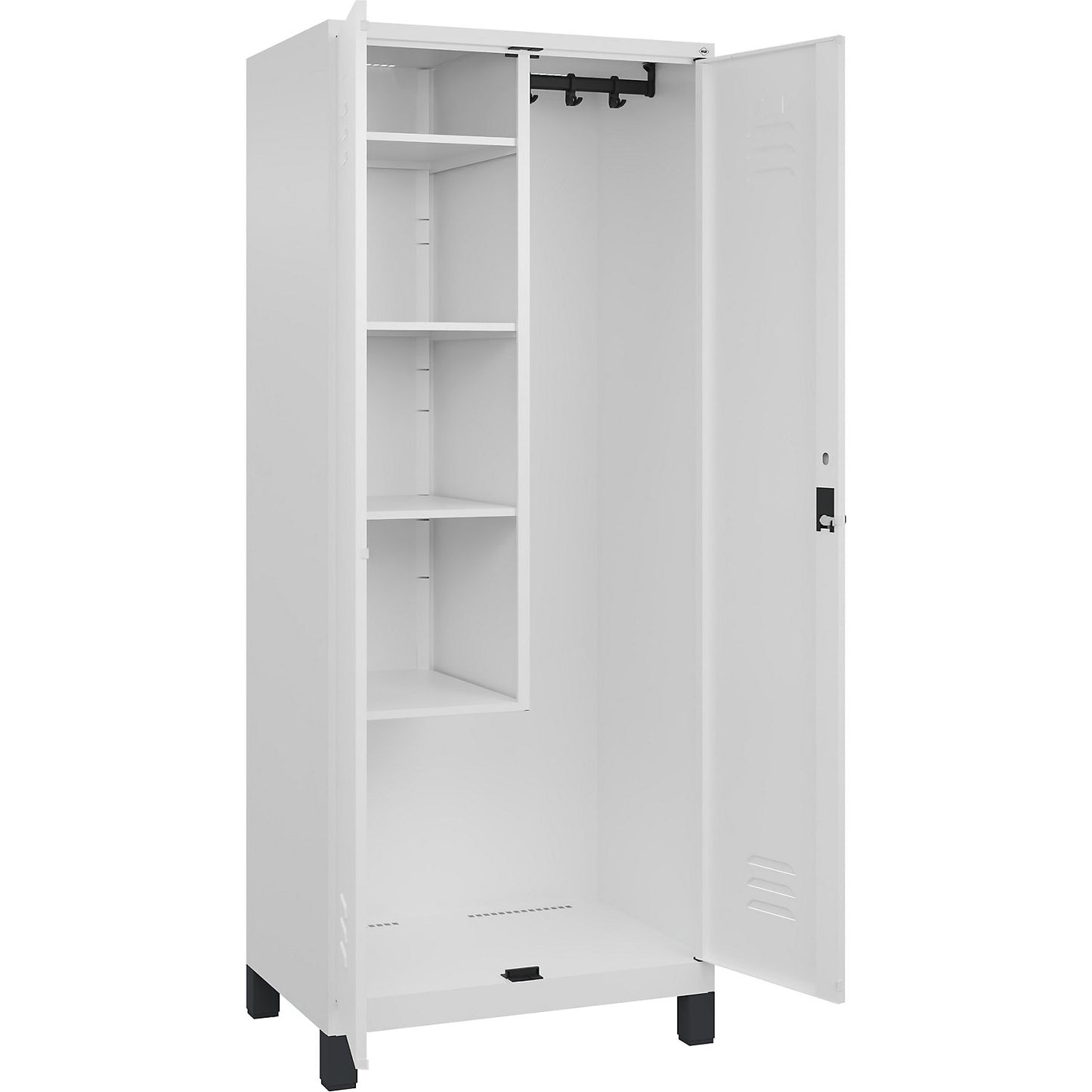 Classic PLUS locker for cleaning products, 1 compartment, centre partition, short model, traffic white, W 800 mm, with feet, rotary bolt.