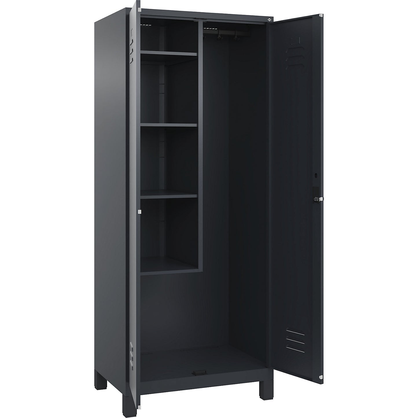 Classic PLUS locker for cleaning products, 1 compartment, centre partition, short model, grey, W 800 mm, with feet, rotary bolt.