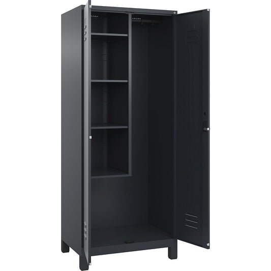 Classic PLUS locker for cleaning products, 1 compartment, centre partition, short model, grey, W 800 mm, with feet, rotary bolt.