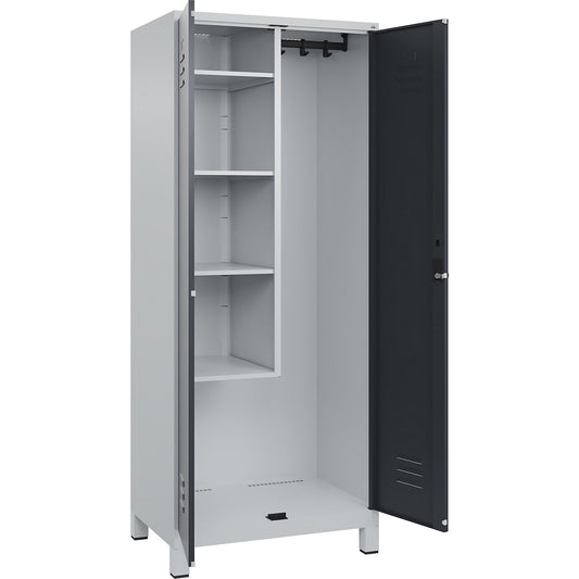 Classic PLUS locker for cleaning products, 1 compartment, centre partition, short model, light grey/grey, W 800 mm, with feet, rotary bolt.