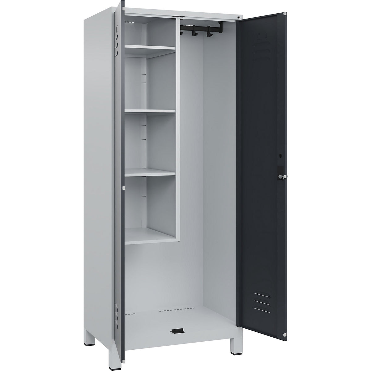 Classic PLUS locker for cleaning products, 1 compartment, centre partition, short model, light grey/grey, W 800 mm, with feet, rotary bolt.