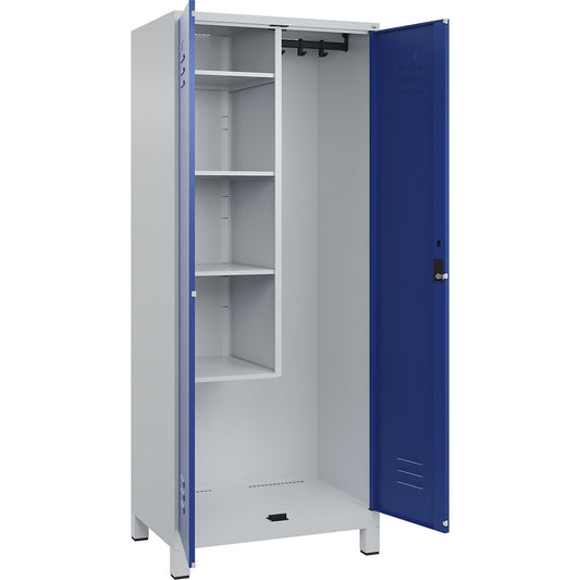 Classic PLUS locker for cleaning products, 1 compartment, centre partition, short model, light grey/gentian blue, W 800 mm, with feet, cylinder lock.