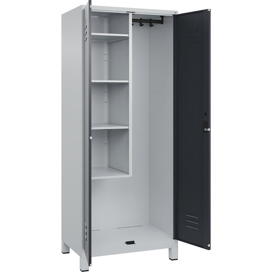 Classic PLUS locker for cleaning products, 1 compartment, centre partition, short model, light grey/grey, W 800 mm, with feet, cylinder lock.