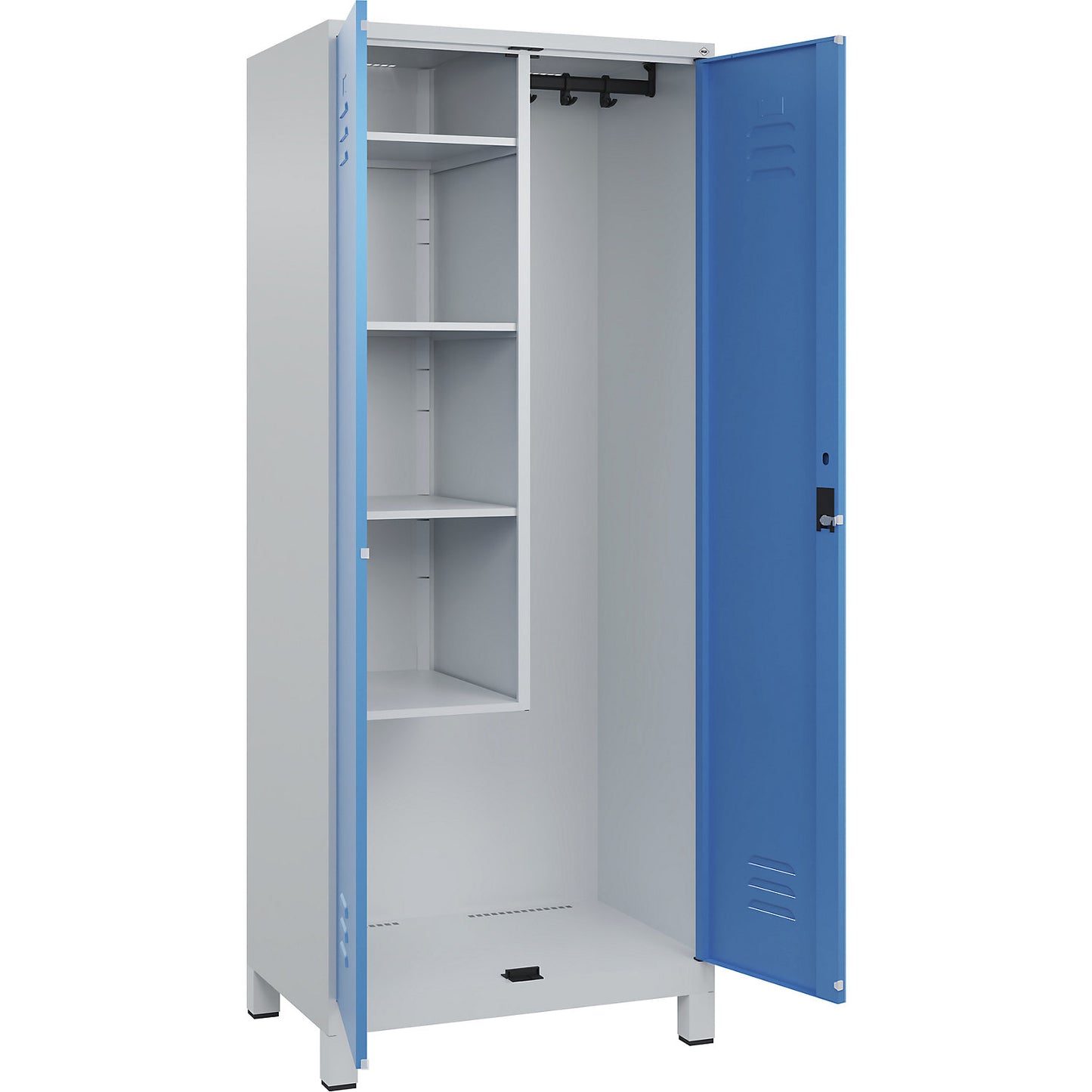 Classic PLUS locker for cleaning products, 1 compartment, centre partition, short model, light grey/light blue, W 800 mm, with feet, cylinder lock.