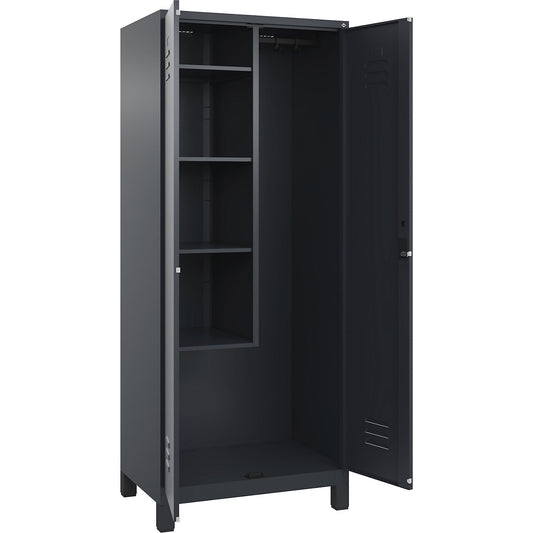 Classic PLUS locker for cleaning products, 1 compartment, centre partition, short model, grey, W 800 mm, with feet, cylinder lock.