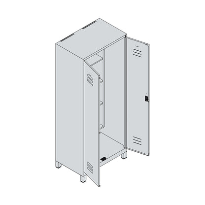 Classic PLUS locker for cleaning products, 1 compartment, centre partition, short model, light grey/reseda green, W 800 mm, with feet, rotary bolt.