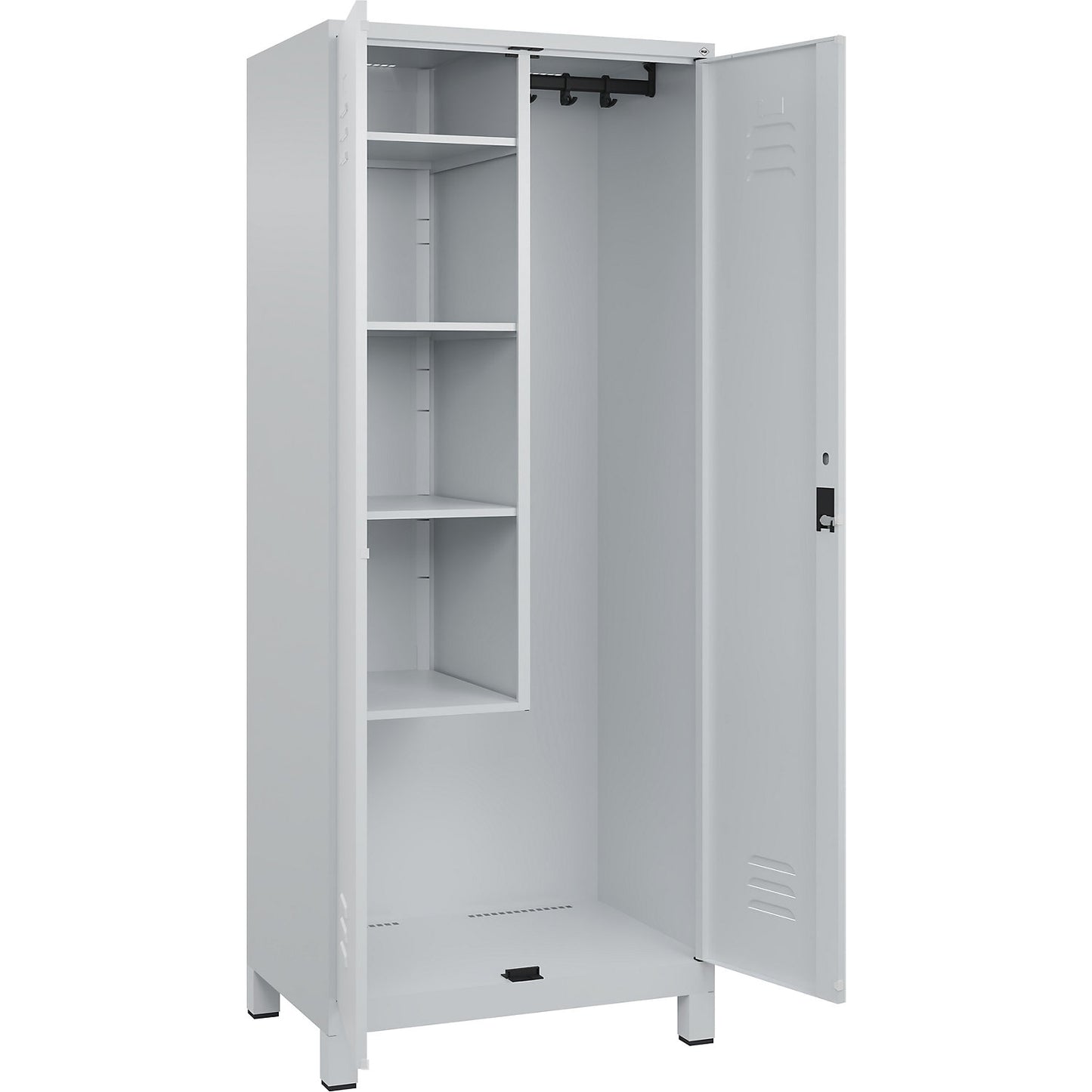 Classic PLUS locker for cleaning products, 1 compartment, centre partition, short model, light grey, W 800 mm, with feet, cylinder lock.