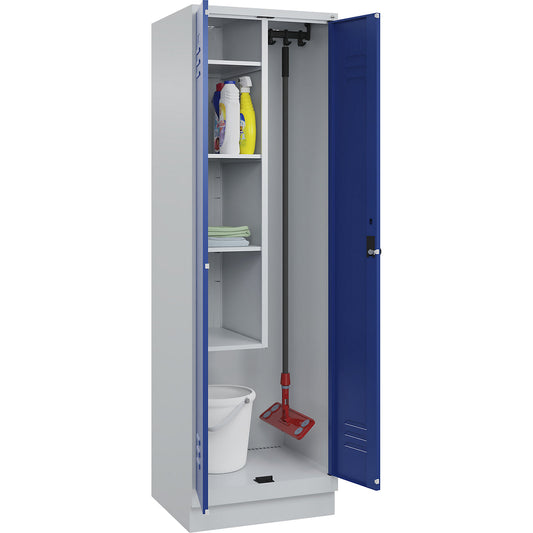 Classic PLUS locker for cleaning products, 1 compartment, centre partition, short model, light grey/gentian blue, W 600 mm, with base plinth, rotary bolt.