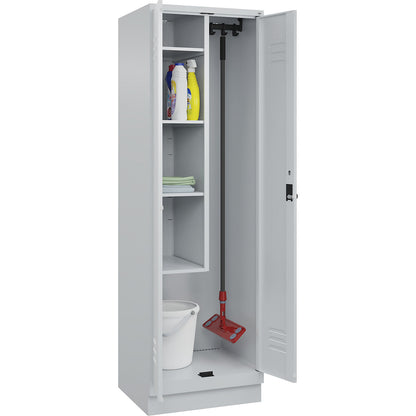 Classic PLUS locker for cleaning products, 1 compartment, centre partition, short model, light grey, W 600 mm, with base plinth, rotary bolt.