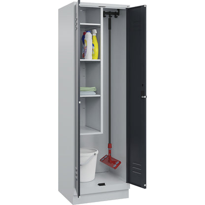 Classic PLUS locker for cleaning products, 1 compartment, centre partition, short model, light grey/grey, W 600 mm, with base plinth, rotary bolt.