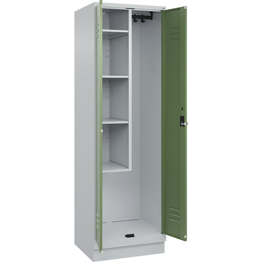Classic PLUS locker for cleaning products, 1 compartment, centre partition, short model, light grey/reseda green, W 600 mm, with base plinth, rotary bolt.