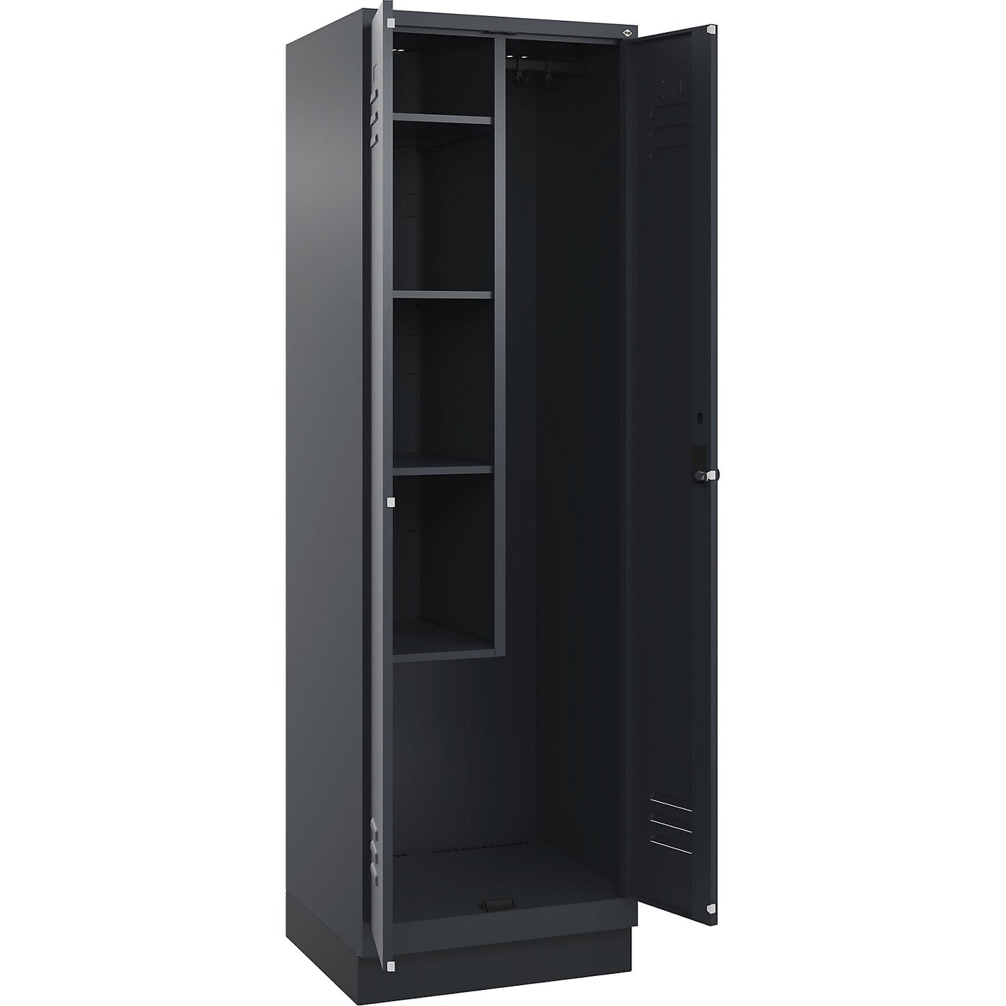 Classic PLUS locker for cleaning products, 1 compartment, centre partition, short model, grey, W 600 mm, with base plinth, rotary bolt.