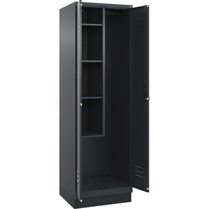 Classic PLUS locker for cleaning products, 1 compartment, centre partition, short model, grey, W 600 mm, with base plinth, rotary bolt.