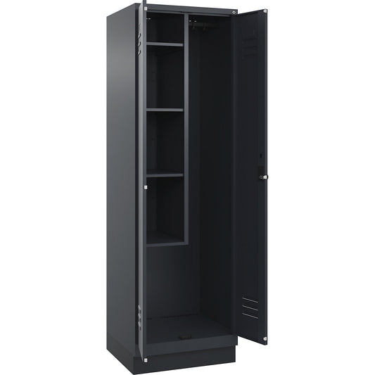 Classic PLUS locker for cleaning products, 1 compartment, centre partition, short model, grey, W 600 mm, with base plinth, rotary bolt.
