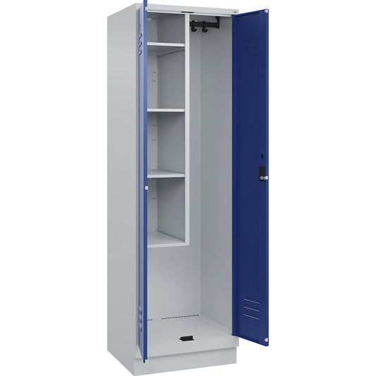 Classic PLUS locker for cleaning products, 1 compartment, centre partition, short model, light grey/gentian blue, W 600 mm, with base plinth, cylinder lock.