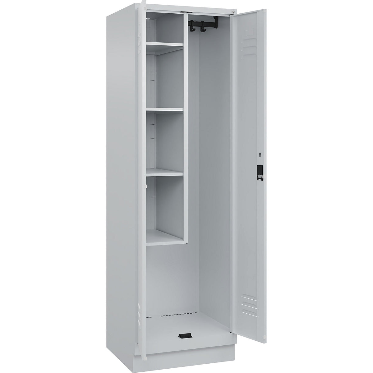 Classic PLUS locker for cleaning products, 1 compartment, centre partition, short model, light grey, W 600 mm, with base plinth, cylinder lock.